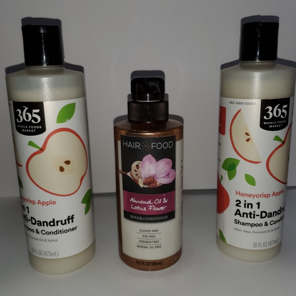 365 Whole Foods Apple 2 in 1 Shampoo & Conditioner 3 pc lot Hair Food Almond Oil